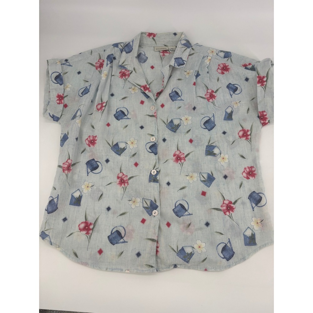 Classic Elements Women's PM Blue Floral Watering‎ Can Button Up Shirt